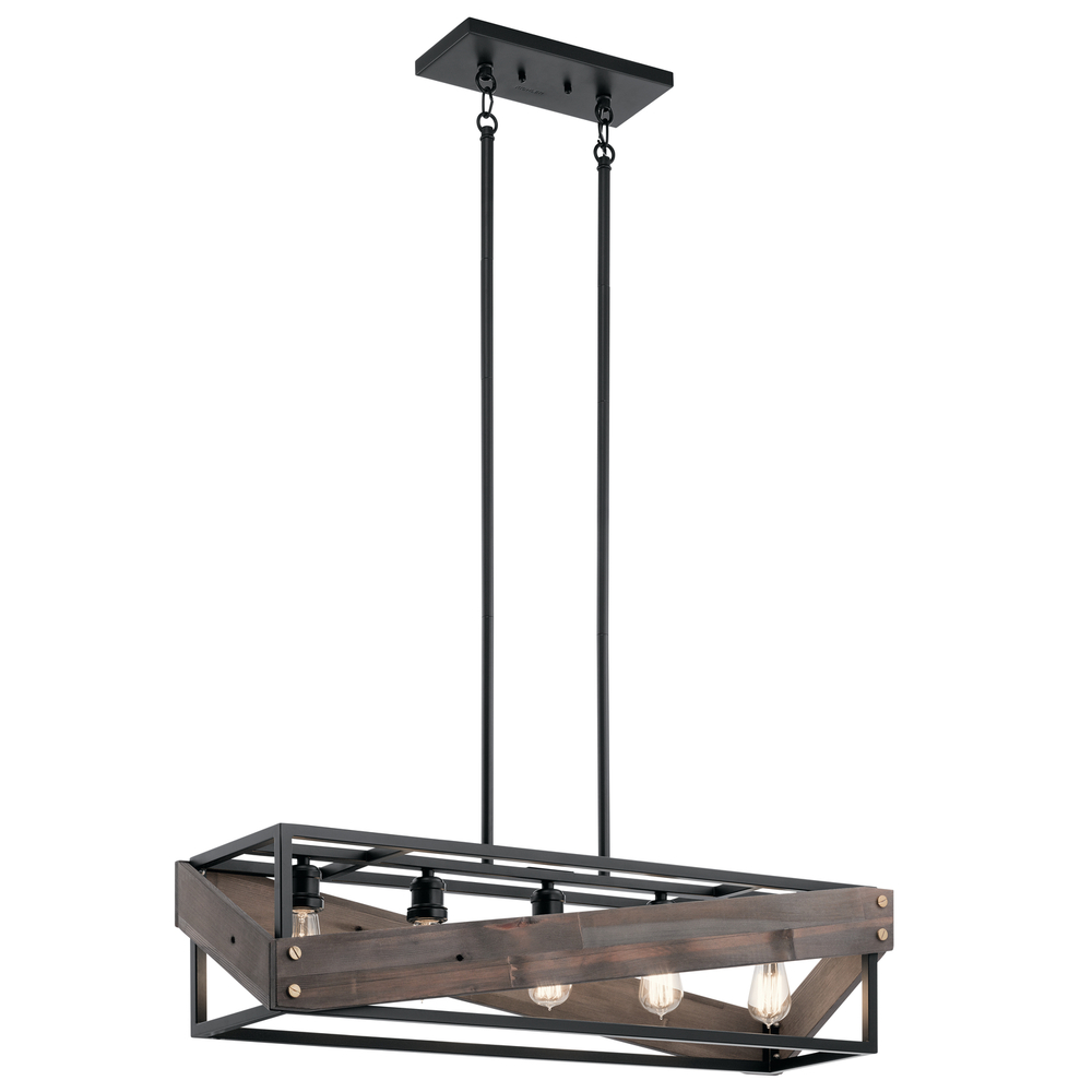 Fulton Cross 36.75: 5 Light Linear Chandelier in Black with Reclaimed Wood